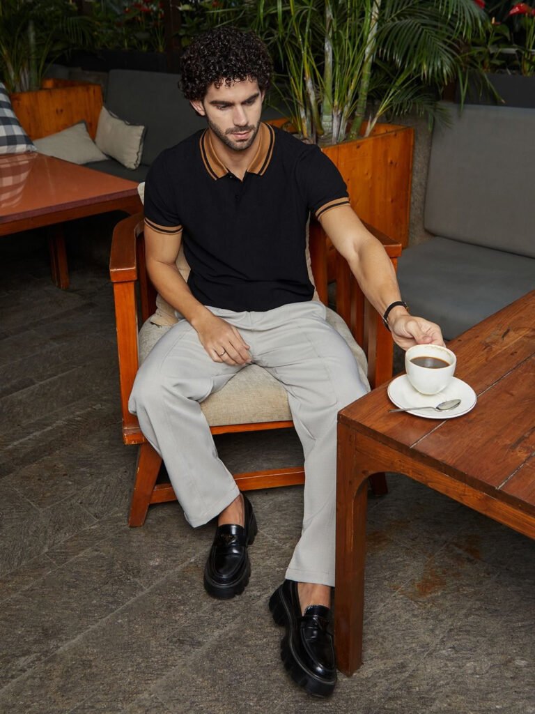 Black Men Solid Polo Collar Cotton T-shirt view 5