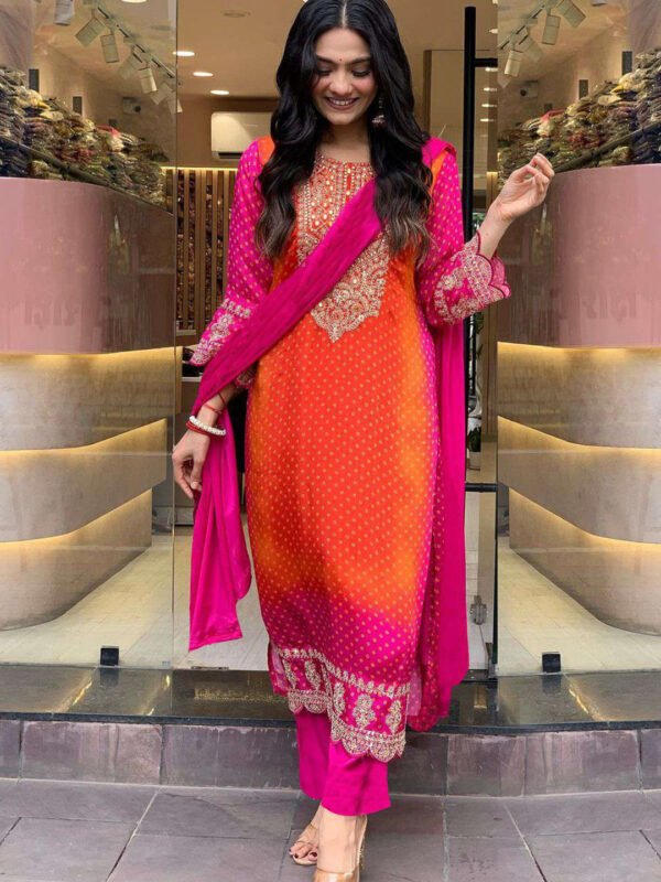 Pink Bandhani Printed Sequinned Embroidery Work Kurta with Trousers & Dupatta
