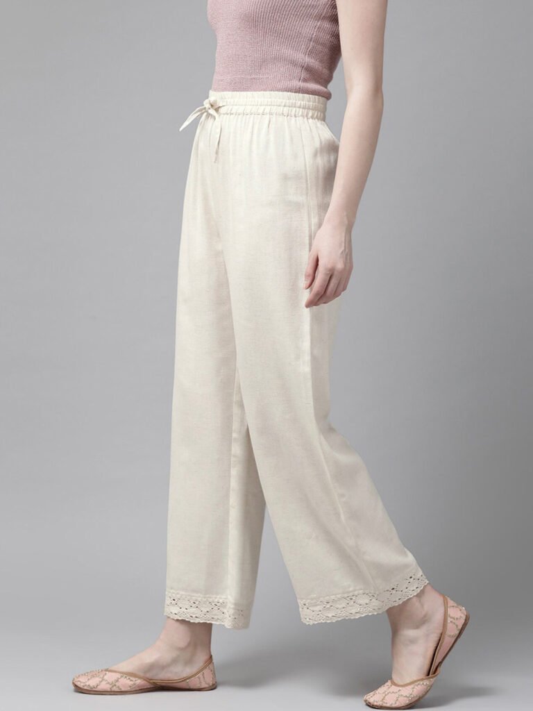 Off White Ethnic Motifs Self Design Straight Palazzos view 3