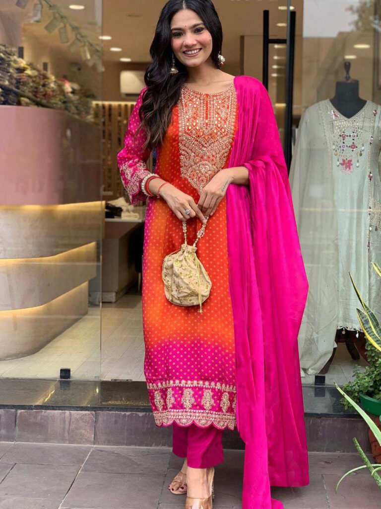 Pink Bandhani Printed Sequinned Embroidery Work Kurta with Trousers & Dupatta view 5