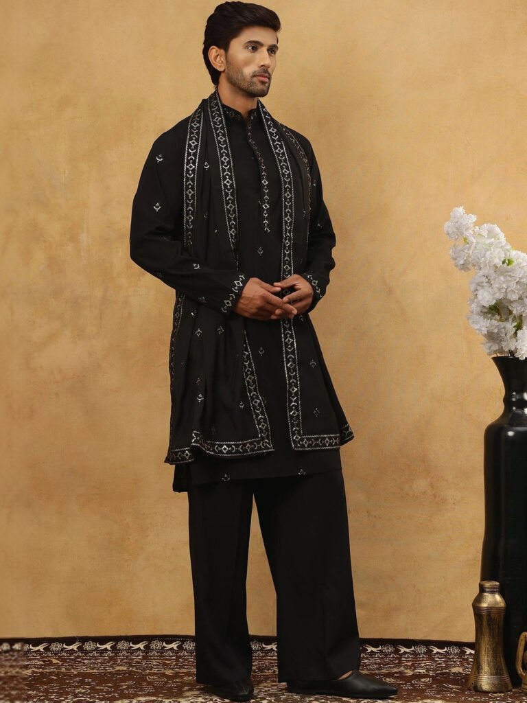 Black Men Floral Embroidered Chikankari Kurta With Dupatta view 5