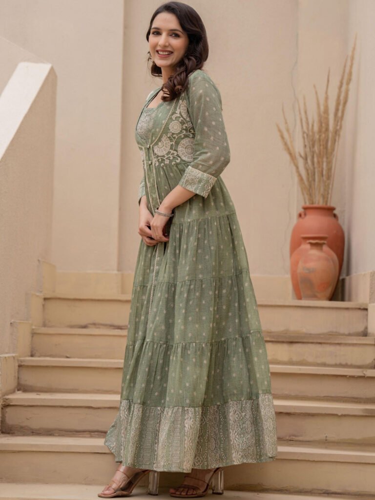 Green Ethnic Motifs Print Fit & Flare Maxi Dress view 2