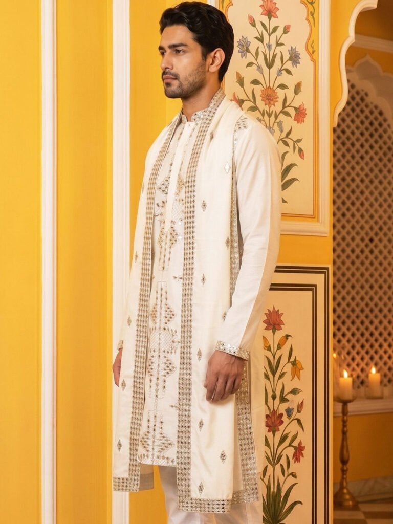 Cream Men Ethnic Motifs Embellished Mirror Work Grandeur & Majestic Artwork Kurta view 4