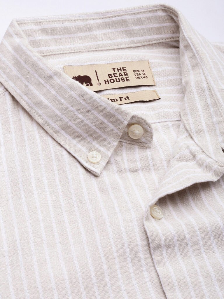 Beige Men Slim Fit Striped Cotton-Linen Casual Shirt view 2