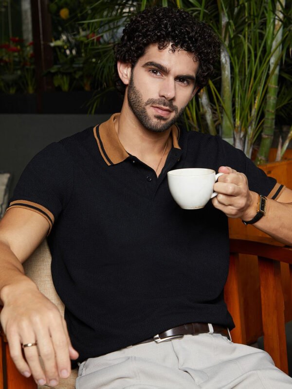 Black Men Solid Polo Collar Cotton T-shirt