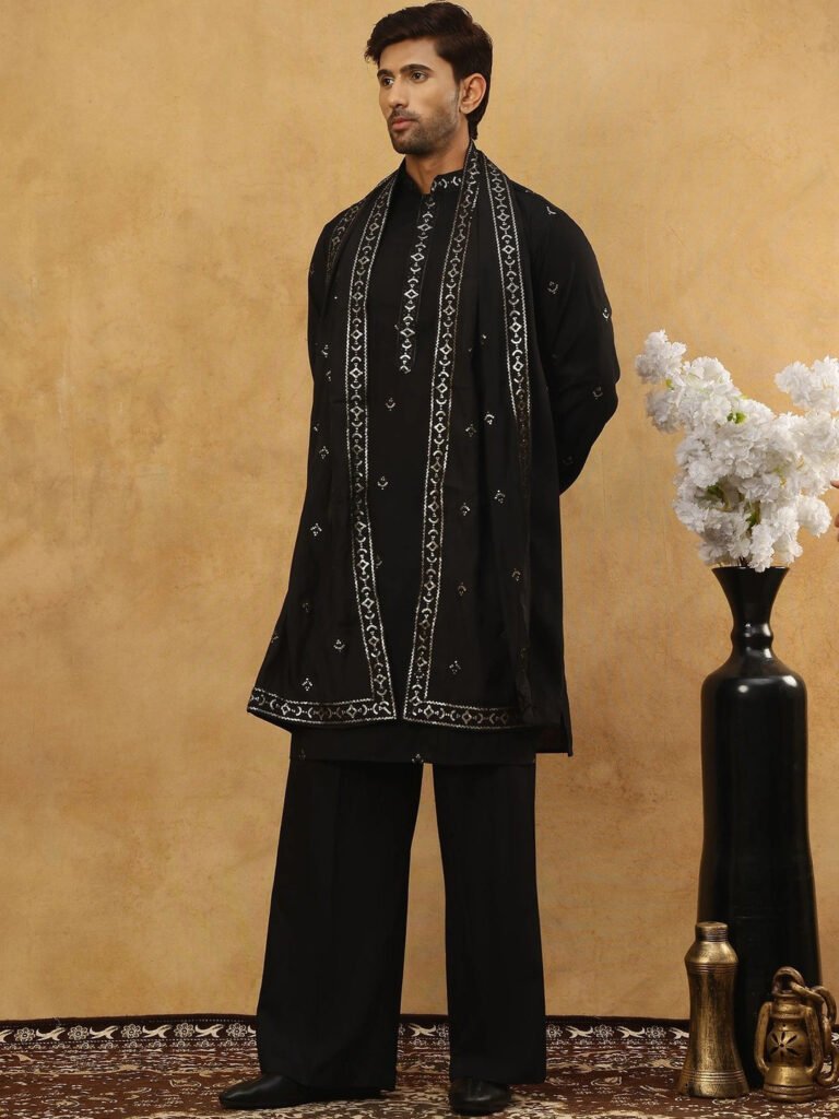 Black Men Floral Embroidered Chikankari Kurta With Dupatta view 4
