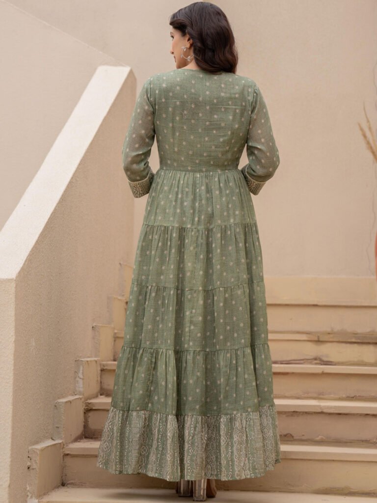 Green Ethnic Motifs Print Fit & Flare Maxi Dress view 4