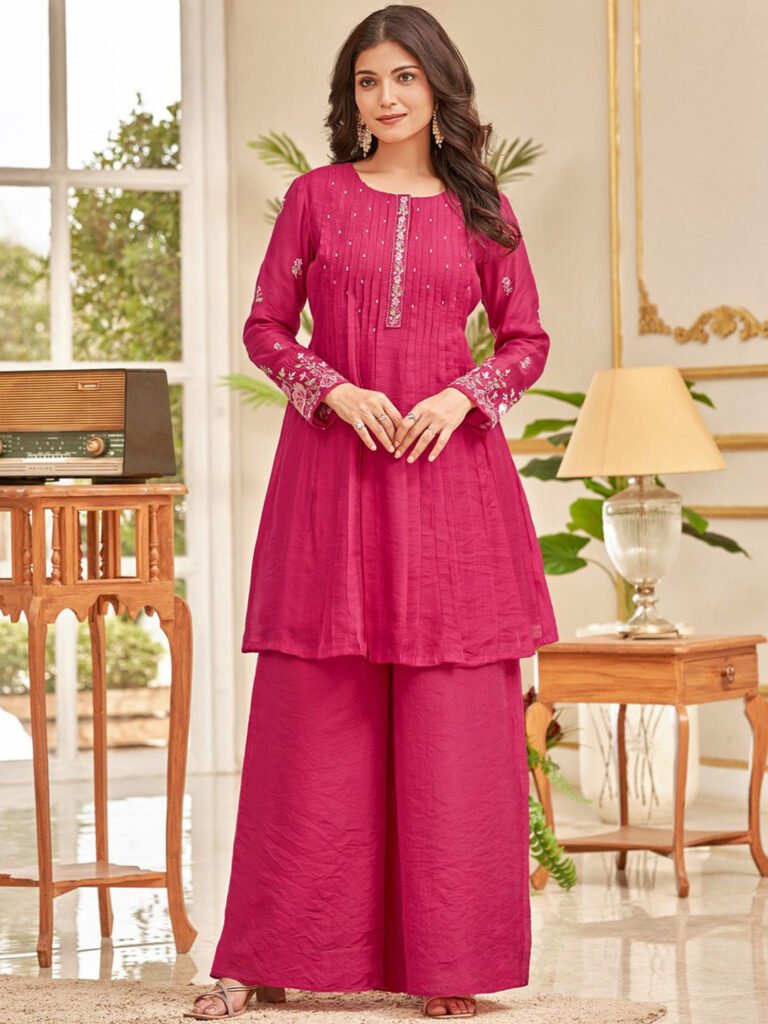 Pink Floral Embroidered Thread Work Chanderi Cotton A-Line Kurta With Palazzos view 2