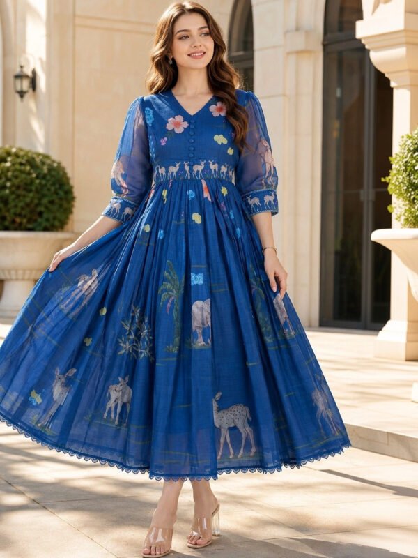 Blue Ethnic Motifs Print Puff Sleeve A-Line Midi Dress