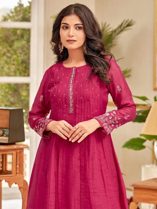 Pink Floral Embroidered Thread Work Chanderi Cotton A-Line Kurta With Palazzos