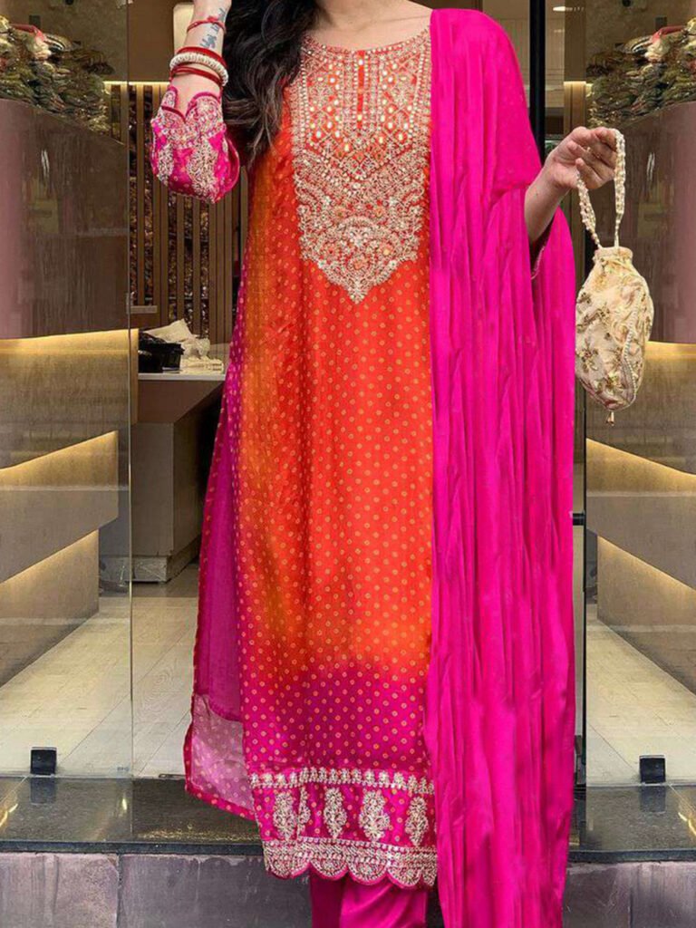 Pink Bandhani Printed Sequinned Embroidery Work Kurta with Trousers & Dupatta view 2