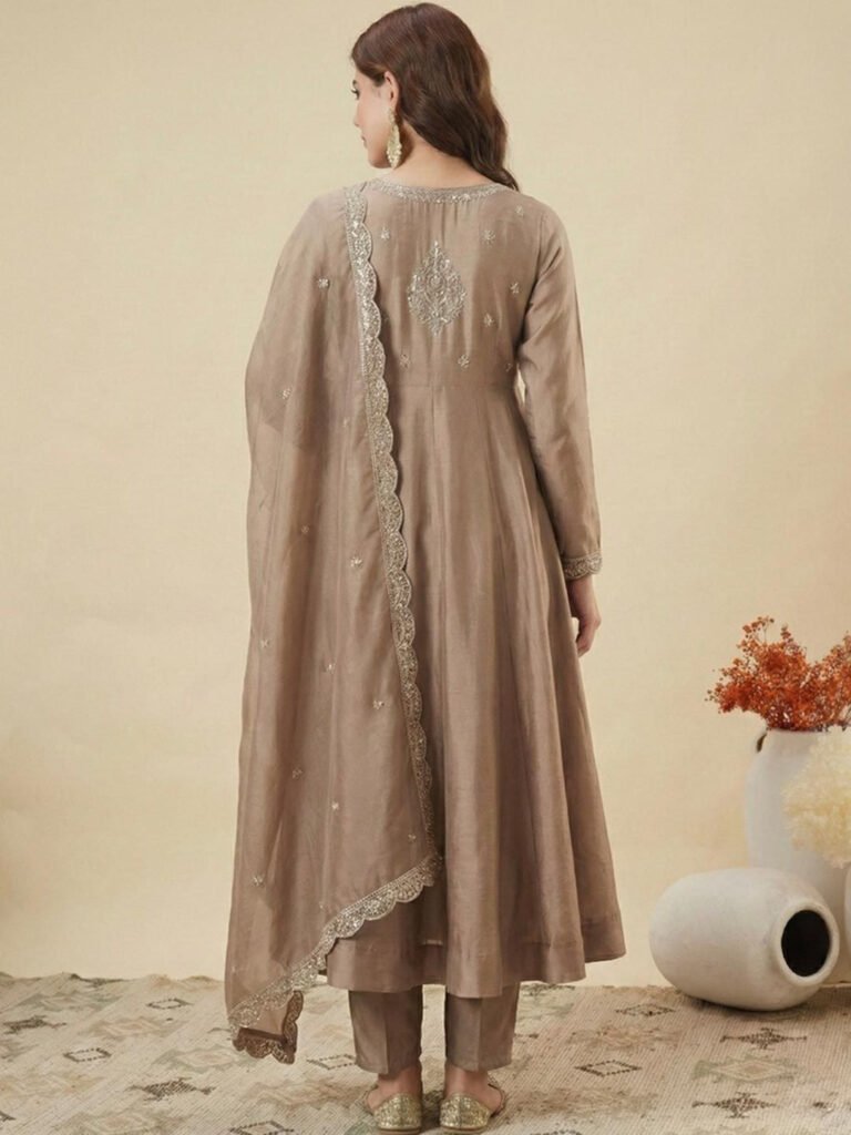 Beige Women Silk Embroidered Anarkali Kurta And Pant Set With Dupatta view 5