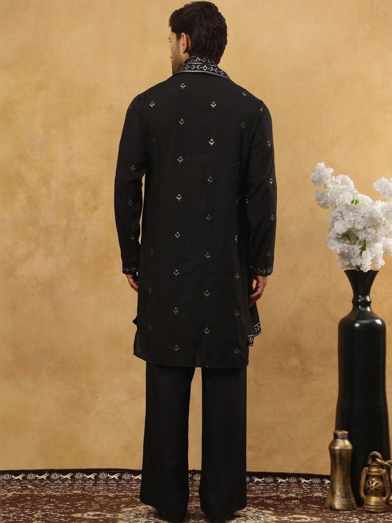 Black Men Floral Embroidered Chikankari Kurta With Dupatta view 3