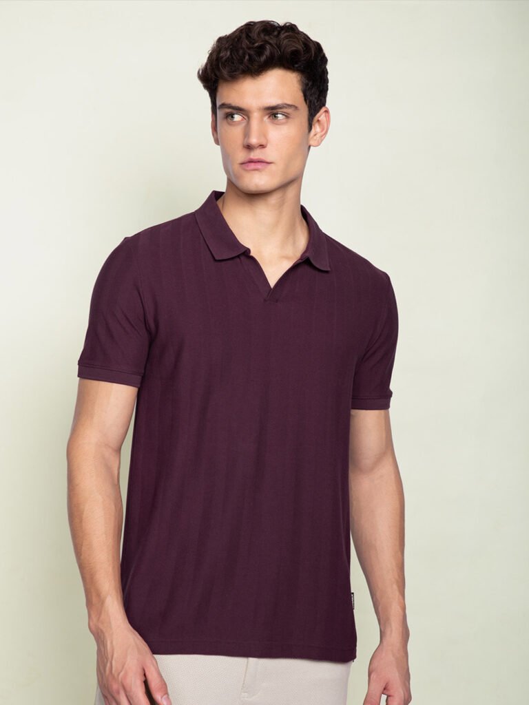Maroon Statement Johnny Collar Herringbone Texture Polo T-Shirts view 4