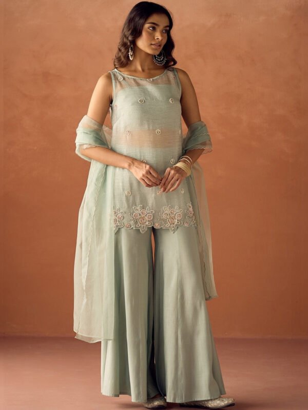 Sea Green Women Floral Embroidered Regular Thread Work Kurta with Sharara & With Dupatta