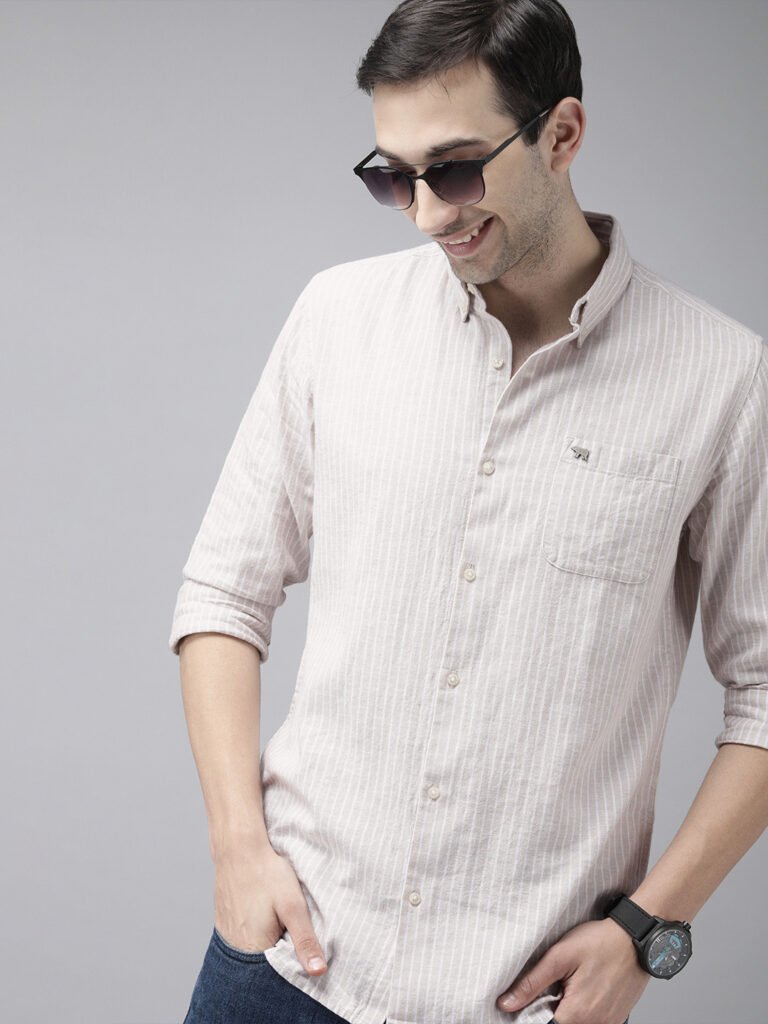 Beige Men Slim Fit Striped Cotton-Linen Casual Shirt