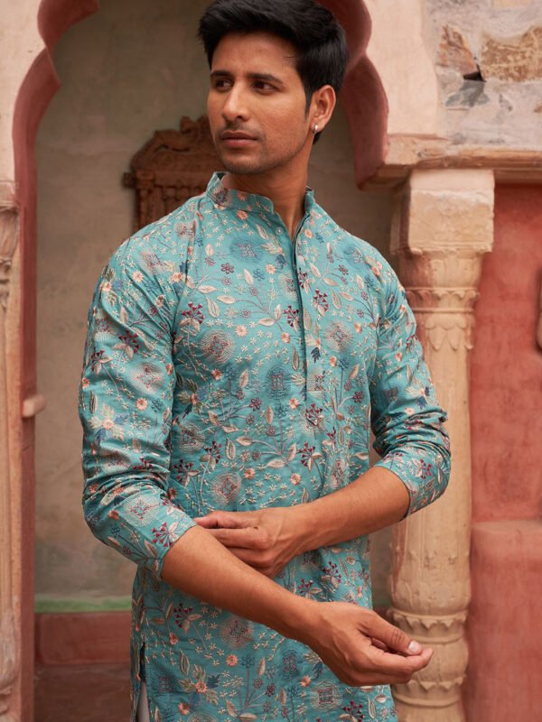 Turquoise Blue Men Ethnic Motifs Embroidered Straight Kurta