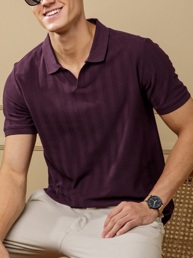 Maroon Statement Johnny Collar Herringbone Texture Polo T-Shirts