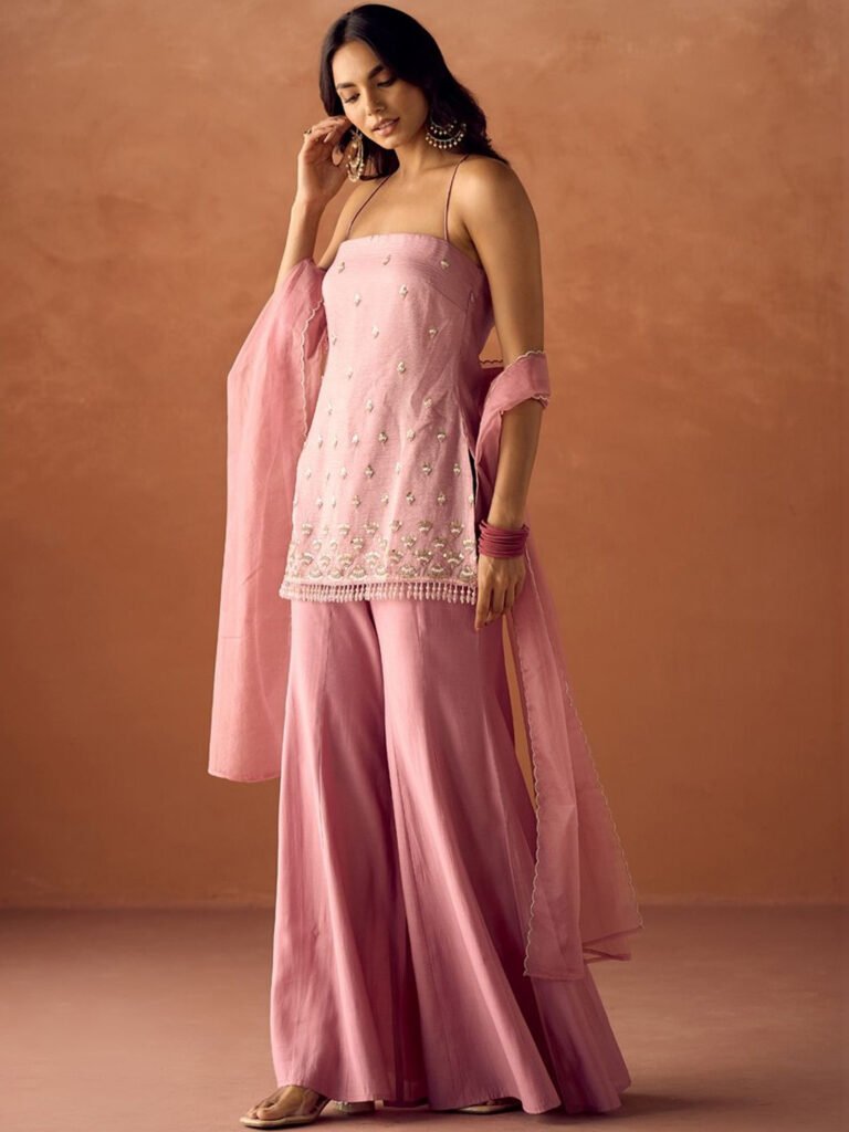 Women Light Pink Crush Embroidered Organza Straight Kurta Set with Dupatta view 4