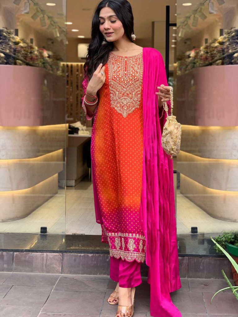 Pink Bandhani Printed Sequinned Embroidery Work Kurta with Trousers & Dupatta view 4