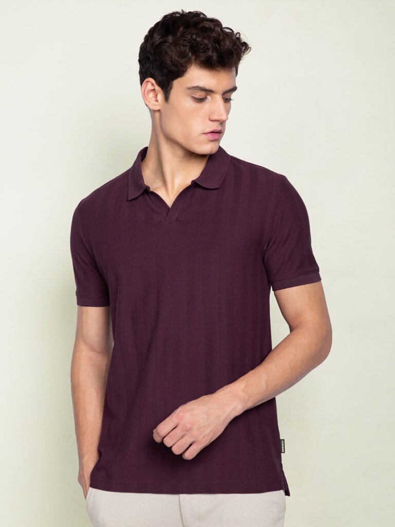 Maroon Statement Johnny Collar Herringbone Texture Polo T-Shirts view 5