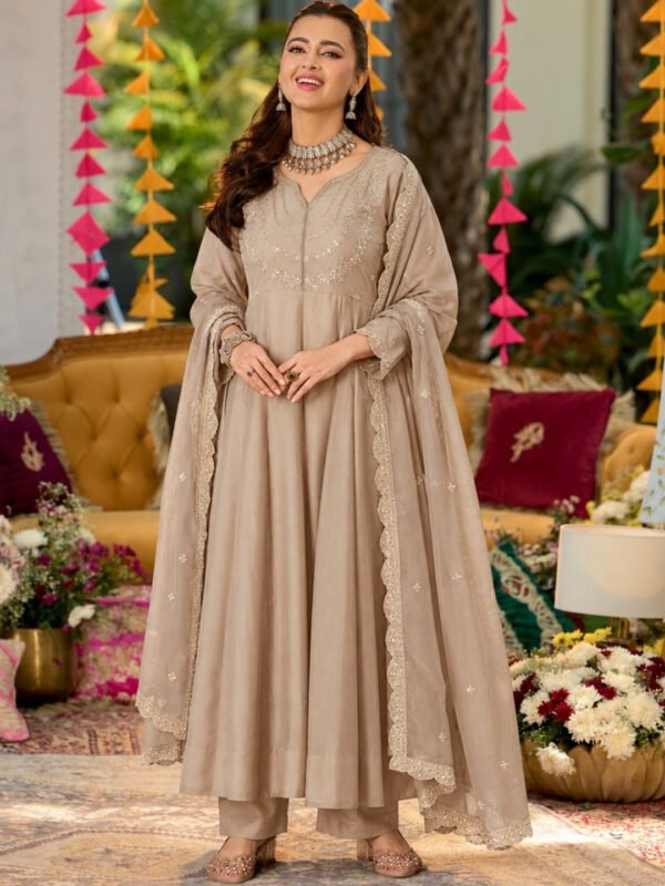 Beige Women Silk Embroidered Anarkali Kurta And Pant Set With Dupatta