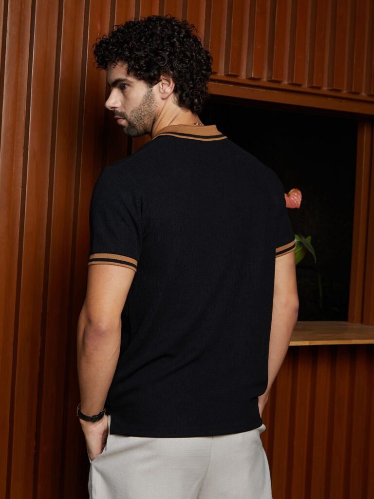 Black Men Solid Polo Collar Cotton T-shirt view 4