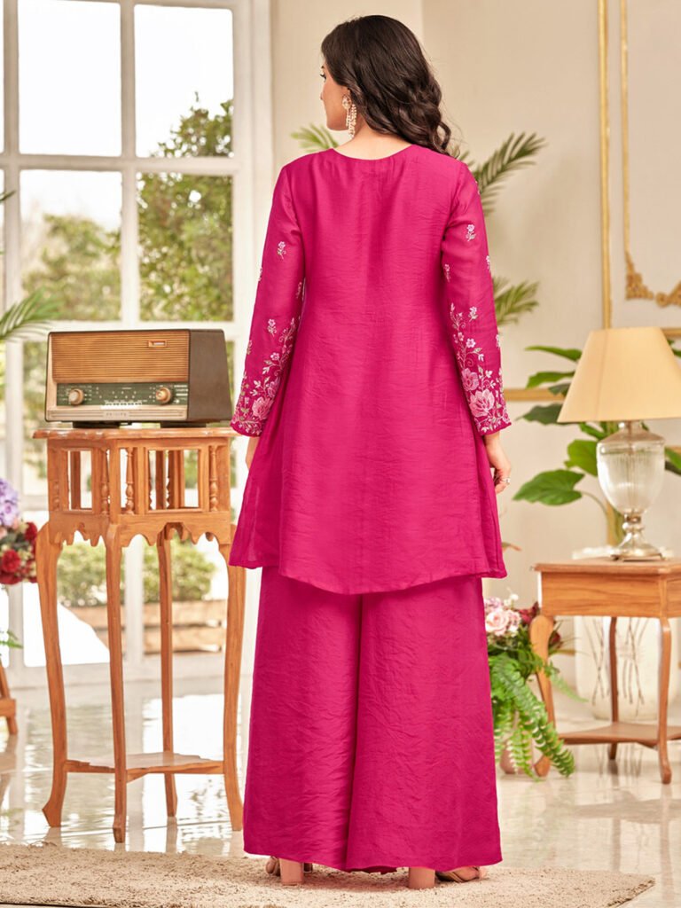 Pink Floral Embroidered Thread Work Chanderi Cotton A-Line Kurta With Palazzos view 5