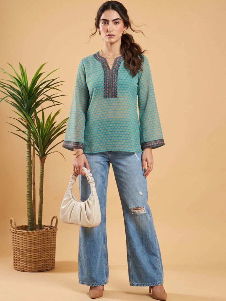 Teal Print Ethnic Top view 4