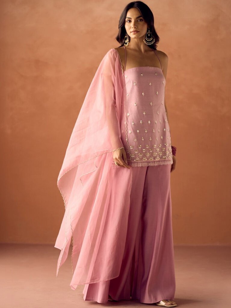 Women Light Pink Crush Embroidered Organza Straight Kurta Set with Dupatta view 3