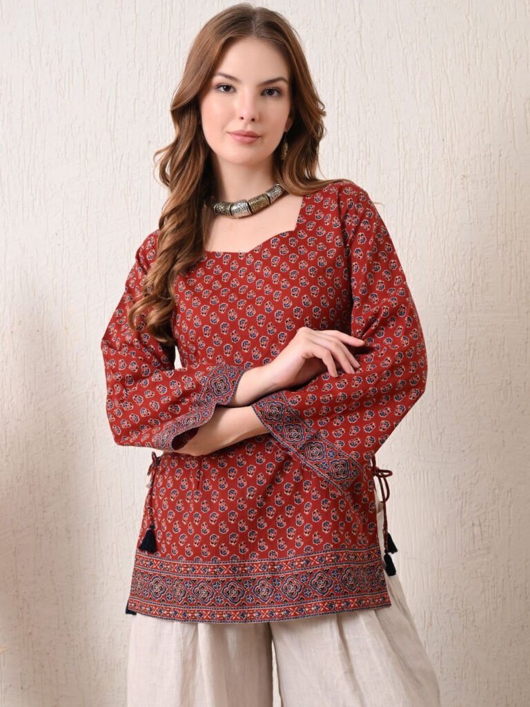 Red Print Ethnic Cotton Top view 4