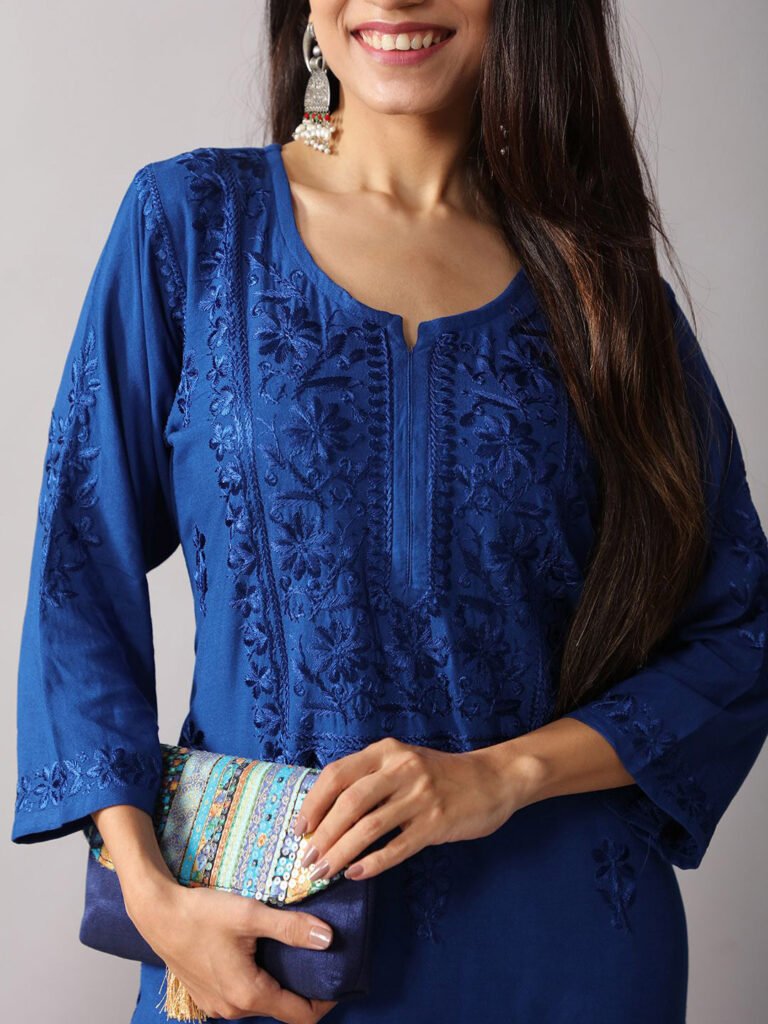 Blue Floral Embroidered Notch Neck Thread Work Straight Kurta With Palazzos Set view 2