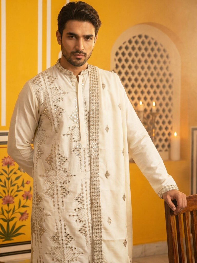 Cream Men Ethnic Motifs Embellished Mirror Work Grandeur & Majestic Artwork Kurta view 2