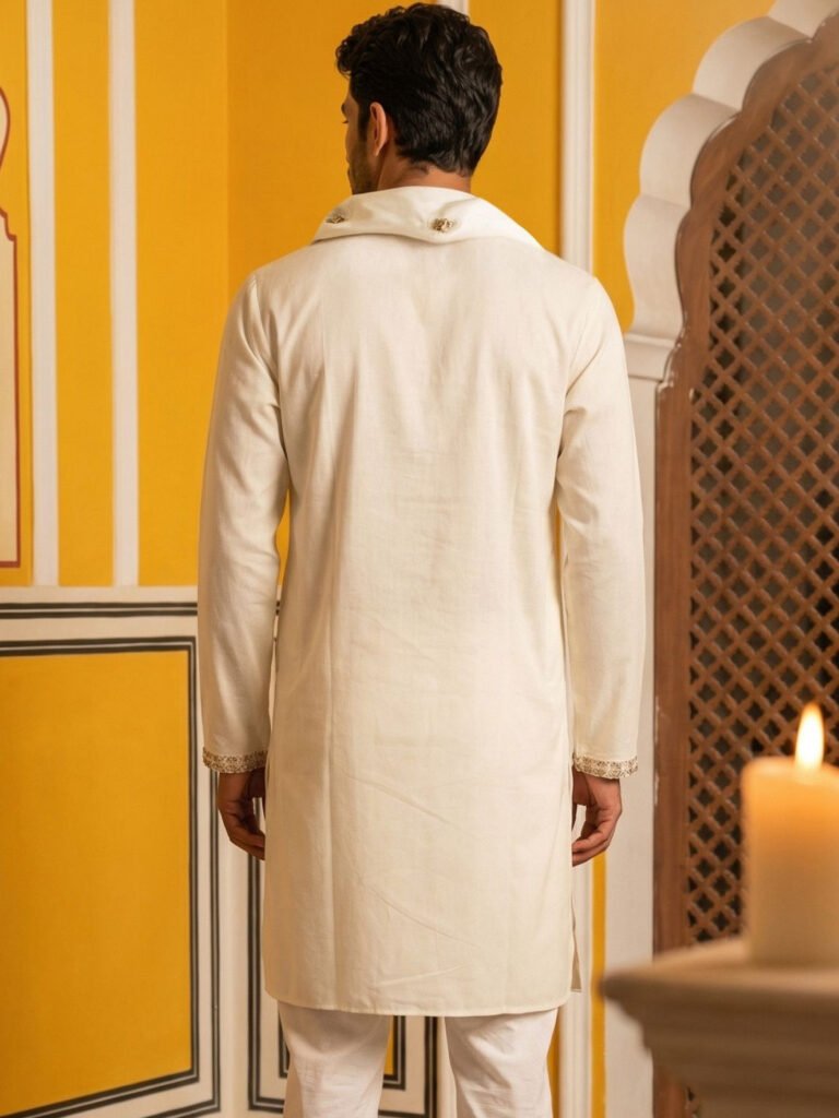 Cream Men Ethnic Motifs Embellished Mirror Work Grandeur & Majestic Artwork Kurta view 3