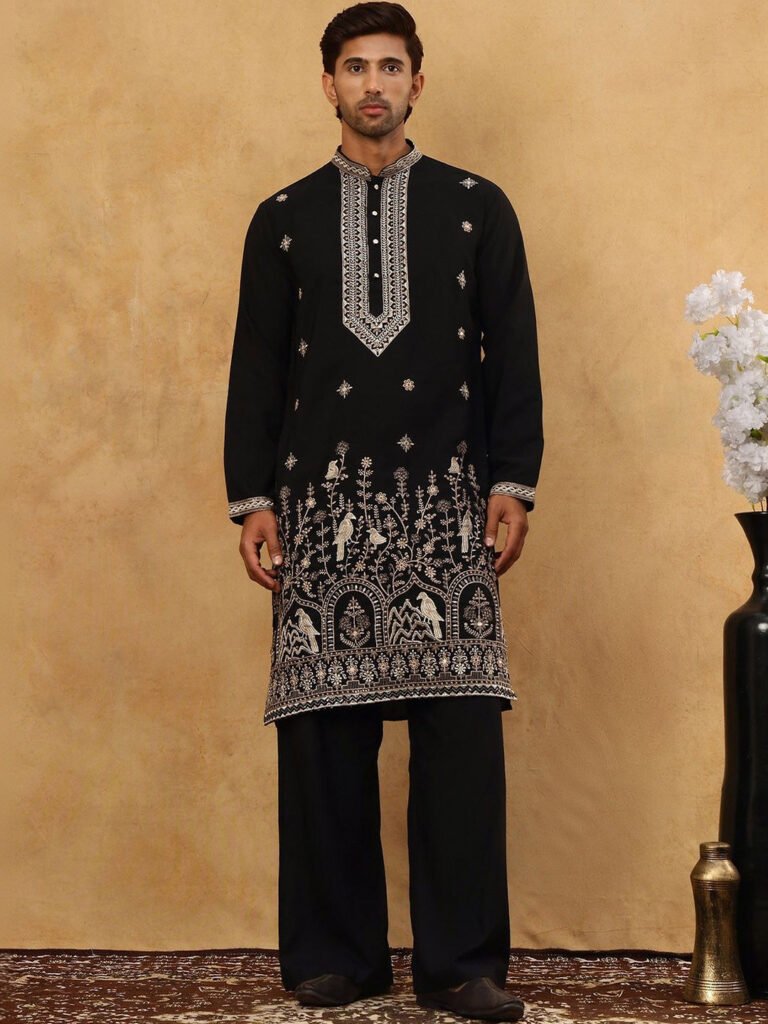 Black Animal Embroidered Chikankari Kurta With Korean Pants view 2