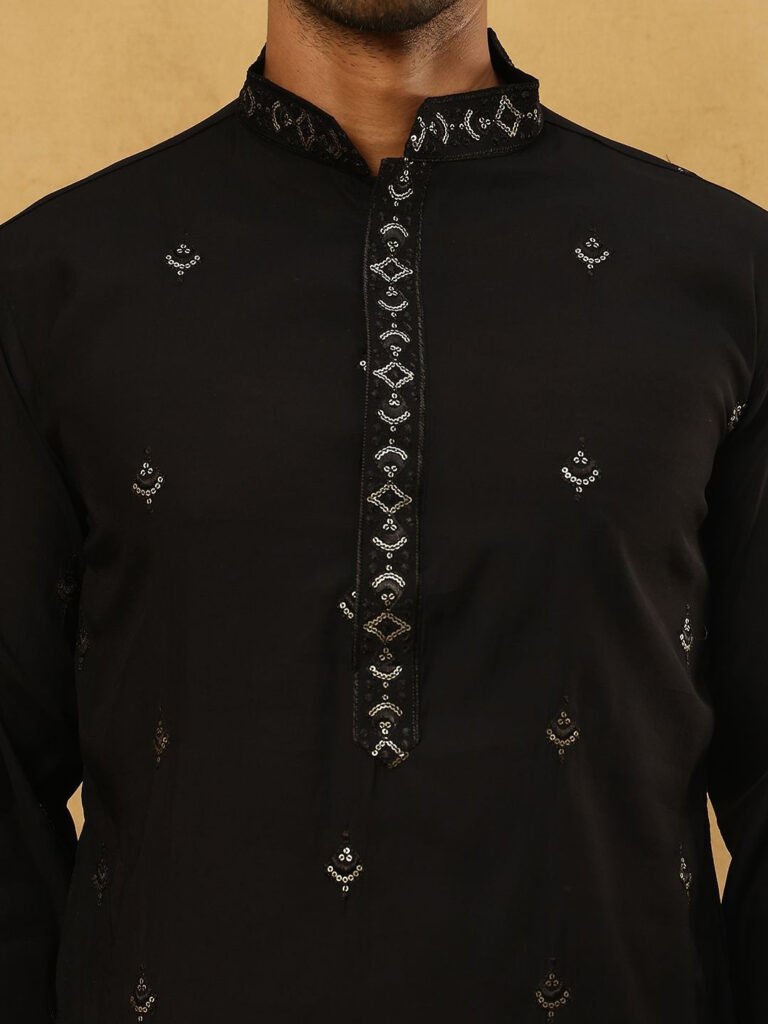Black Floral Embroidered Sequinned Kurta With Korean Pants & Dupatta view 5