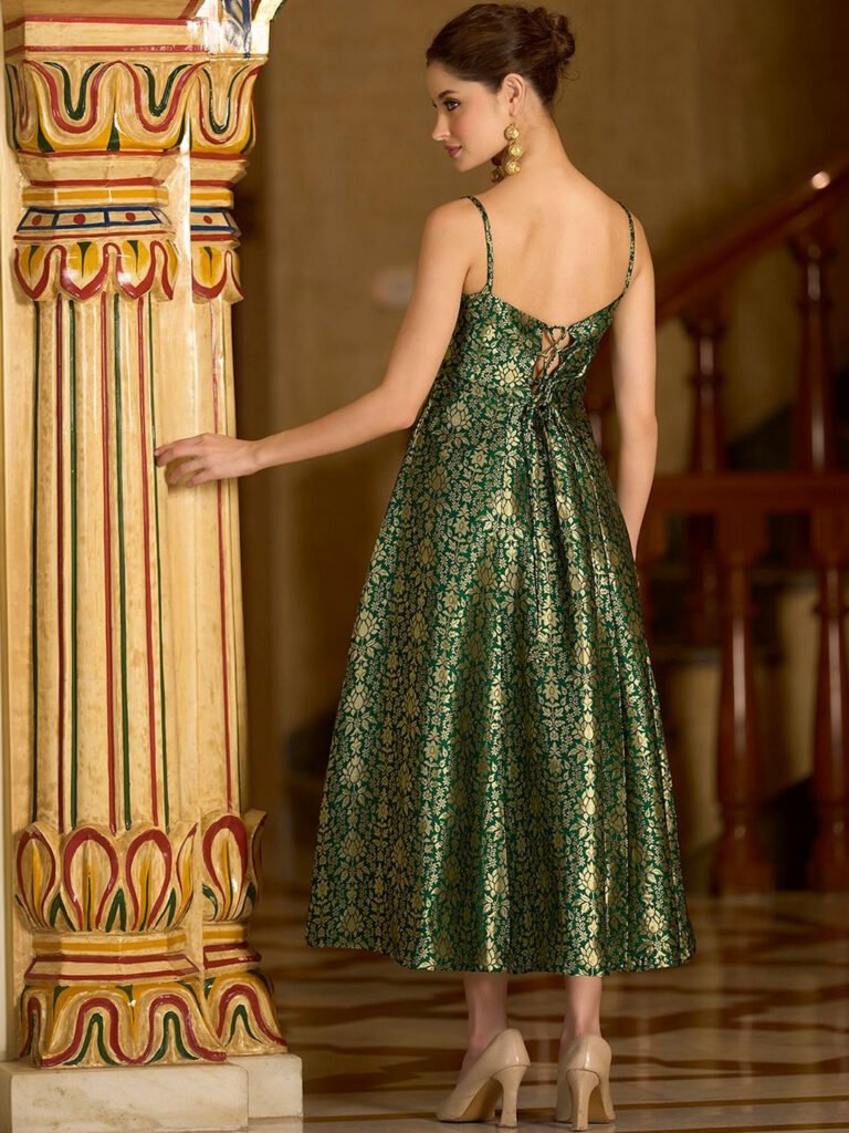 Green Jacquard Fit & Flare Midi Dress view 3