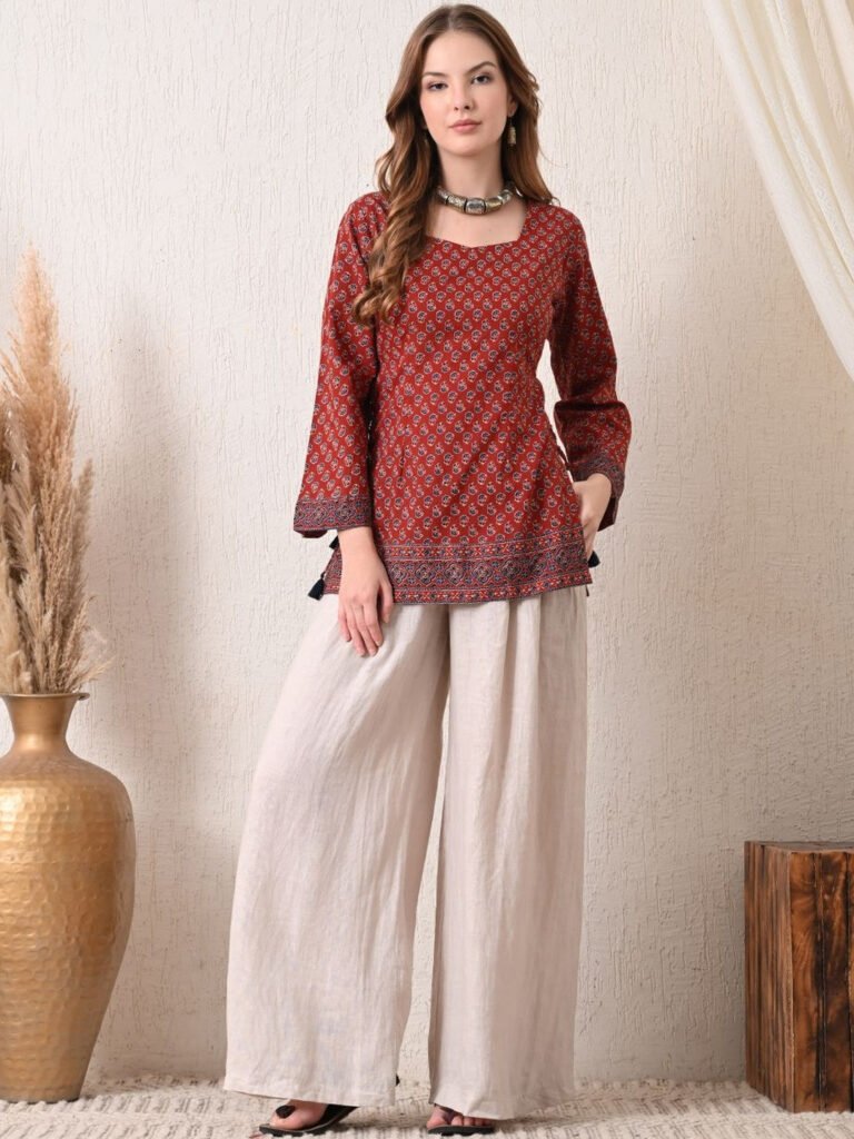 Red Print Ethnic Cotton Top view 5