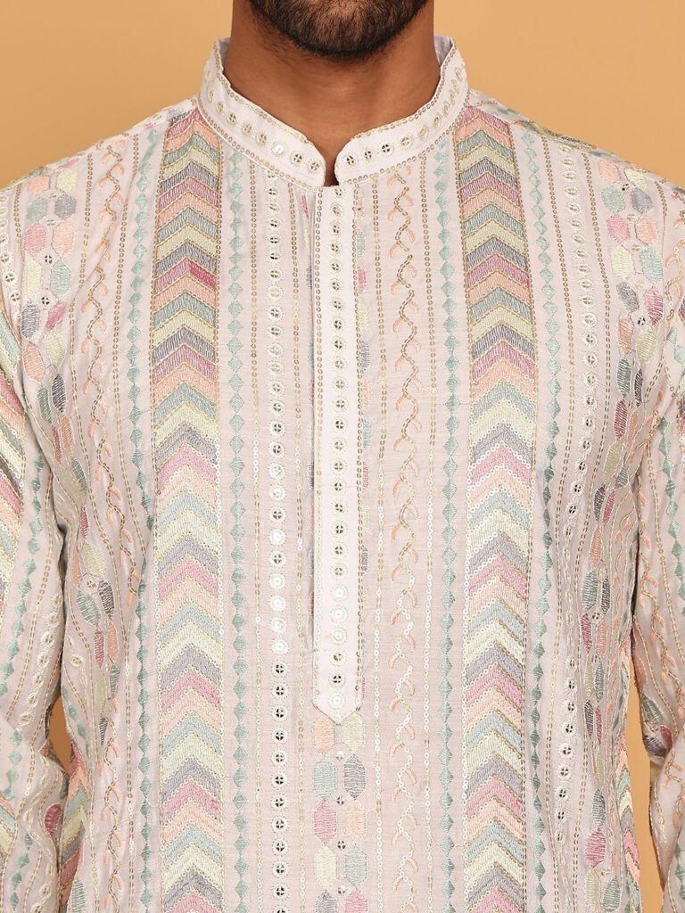 White Men Embroidered Sequins Straight Kurta view 3