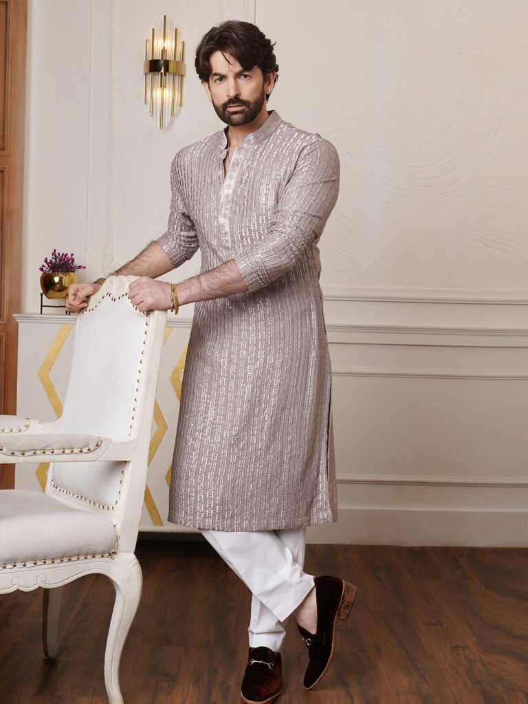 Brown Men Embroidered Thread Work Kurta view 3