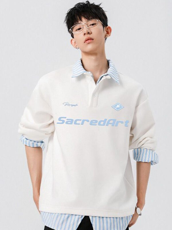 White Men Printed Shirt Collar Long Sleeves Sweatshirt