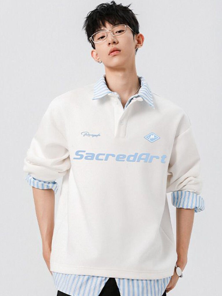 White Men Printed Shirt Collar Long Sleeves Sweatshirt