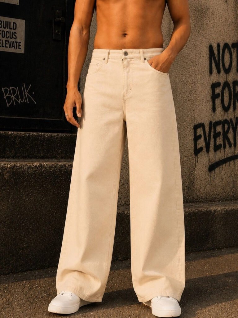 Beige Men Ecru Wide Leg Mid Rise Jeans view 2