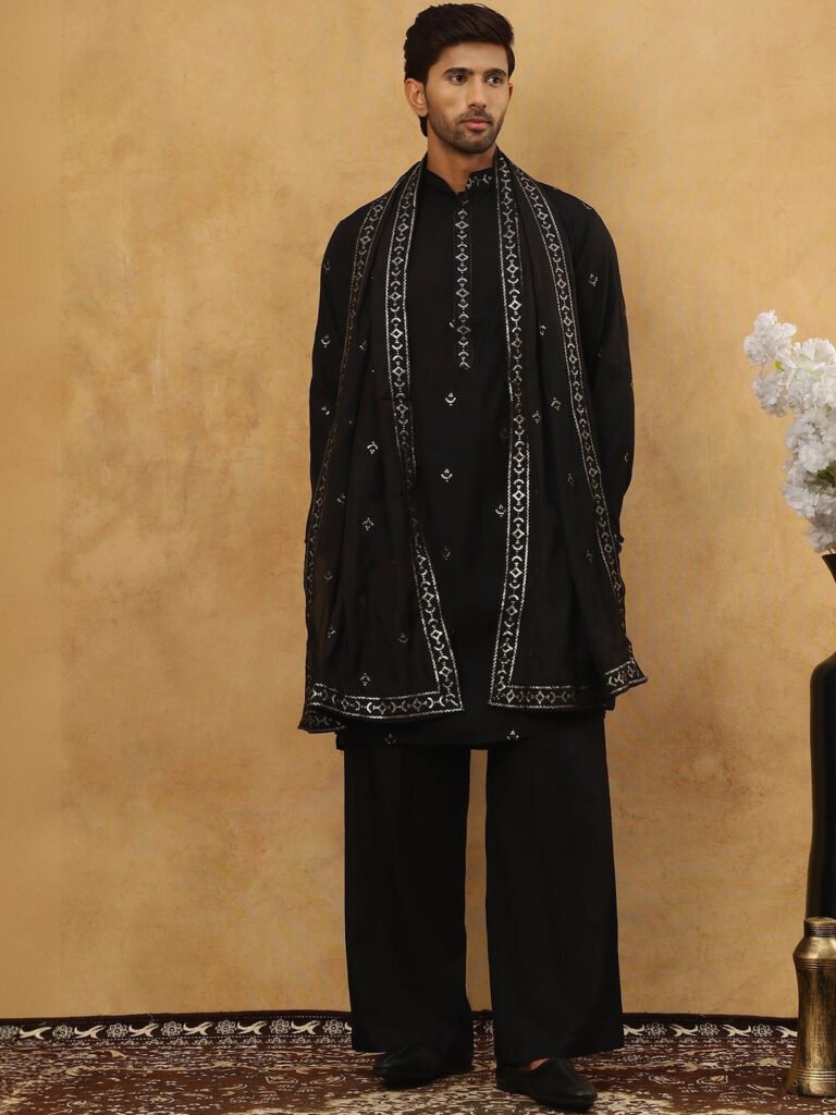 Black Floral Embroidered Sequinned Kurta With Korean Pants & Dupatta view 2