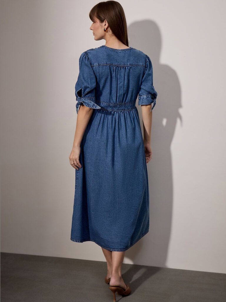 Blue Puff Sleeve Denim A-Line Midi Dress view 5