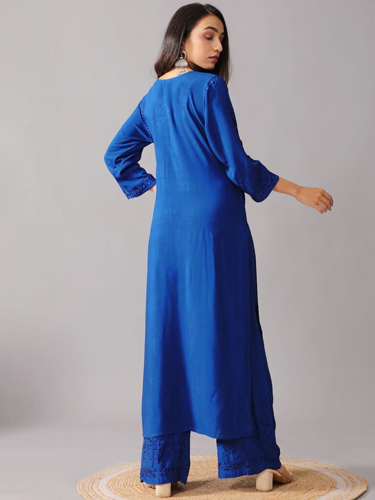 Blue Floral Embroidered Notch Neck Thread Work Straight Kurta With Palazzos Set view 4