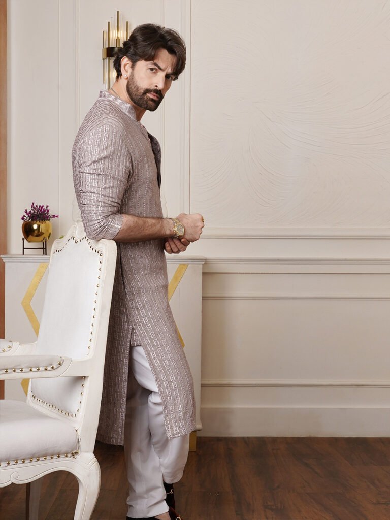 Brown Men Embroidered Thread Work Kurta view 2
