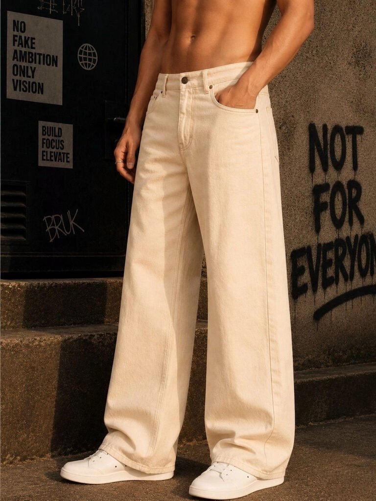 Beige Men Ecru Wide Leg Mid Rise Jeans view 3