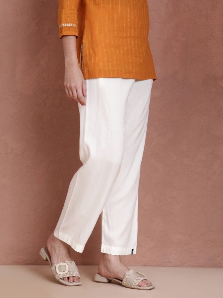 Off White Women Viscose Wide Leg Relaxed Fit Solid Palazzo view 2