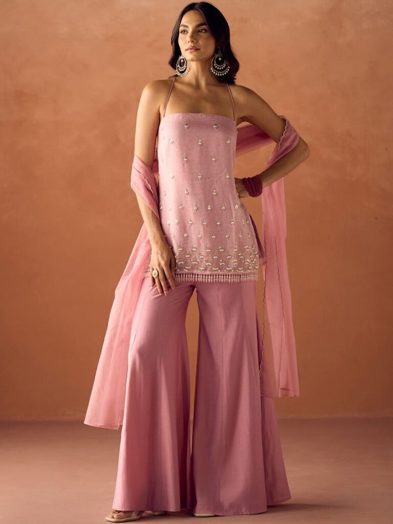 Women Light Pink Crush Embroidered Organza Straight Kurta Set with Dupatta